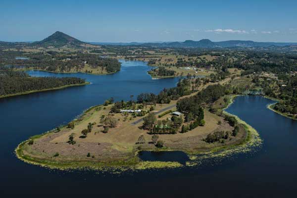 Aerial shot of Lake Macdonald, home to wildlife and walking trails in the Noosa Shire.